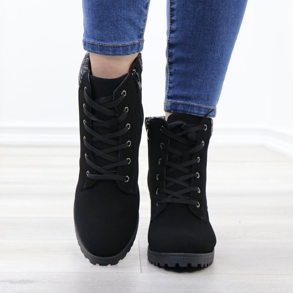 Nubuck Lug Chunky Heel Warm Lining Black Ankle Boots - Picture 10 of 12